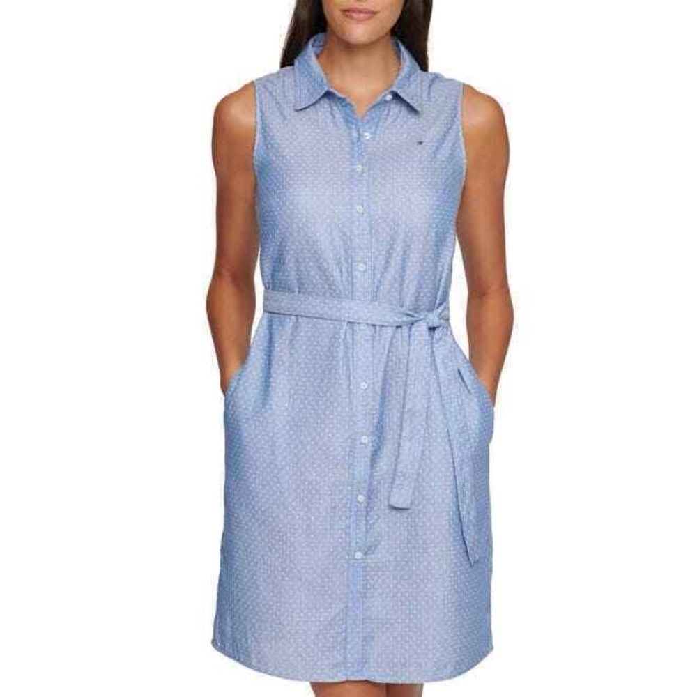 NWT Tommy Hilfiger Blue Polka Dot Sleeveless Tie Waist Button Front Dress 20W - Picture 2 of 7